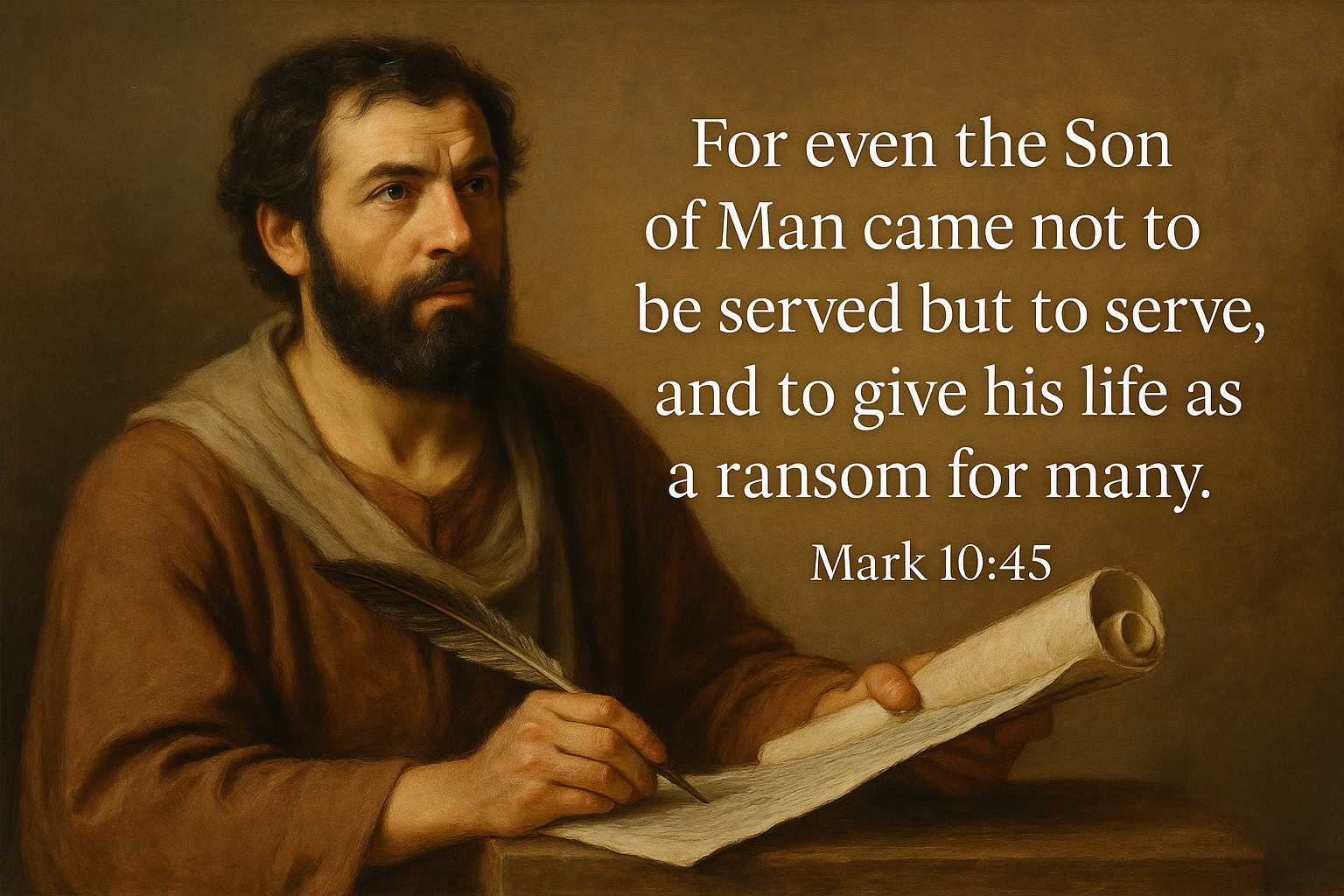 John Mark writing the Gospel of Mark with Bible verse: For even the Son of Man came not to be served but to serve, and to give his life as a ransom for many.