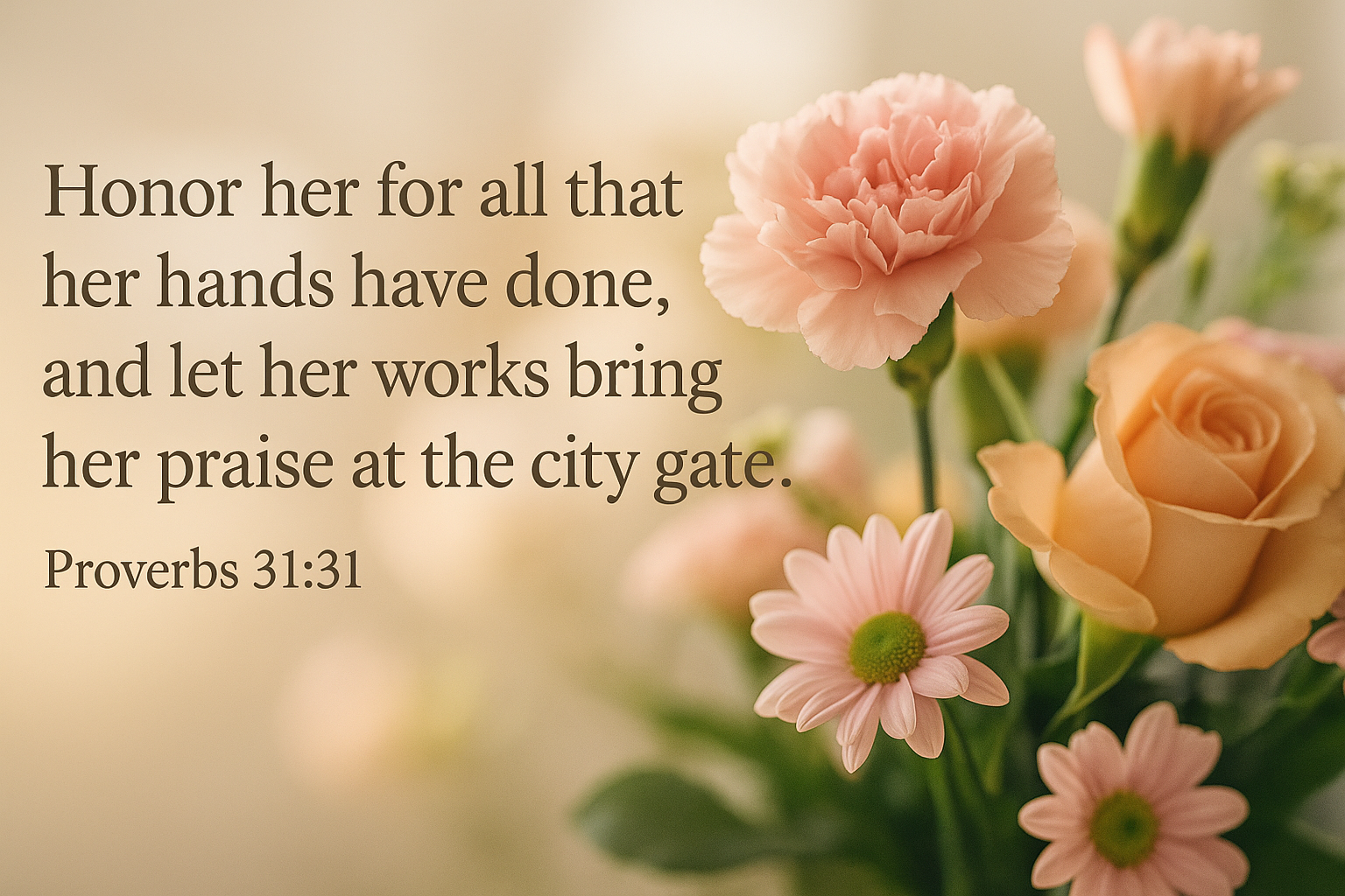 Mothers Day with pink flowers and Bible verse: “Honor her for all that her hands have done, and let her works bring her praise at the city gate.” Proverbs 31:31