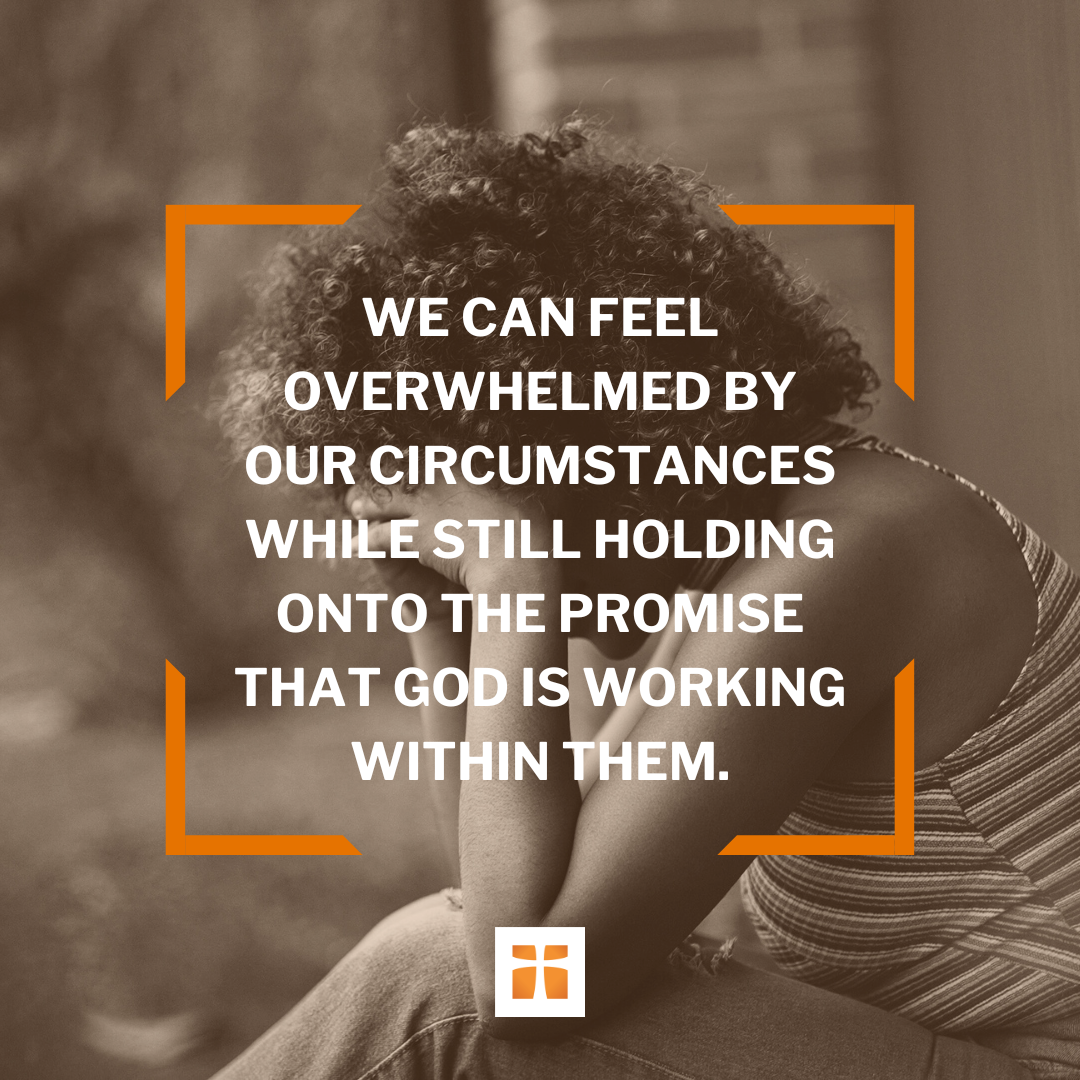 Quote from an article about grief with a woman grieving in the background.
