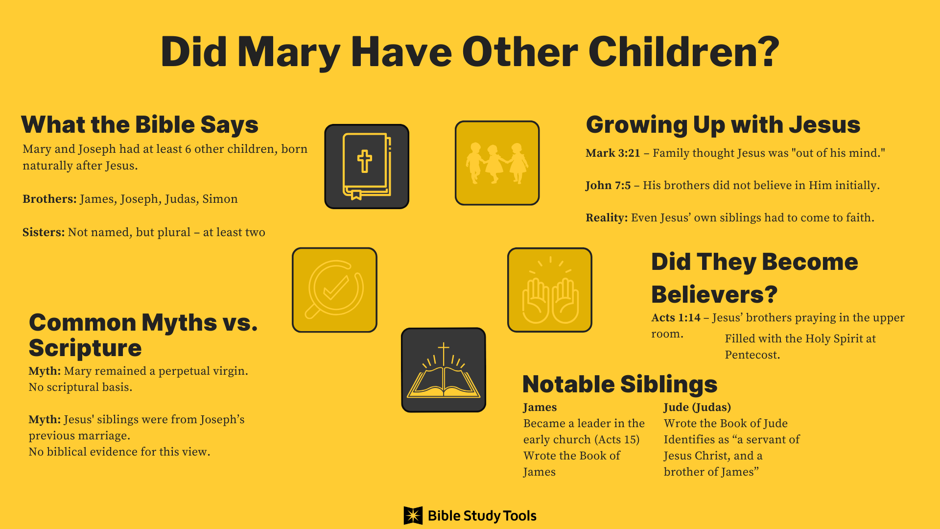 infographic answering the question did mary have other children besides jesus? on a yellow background and bible study tools logo at the bottom
