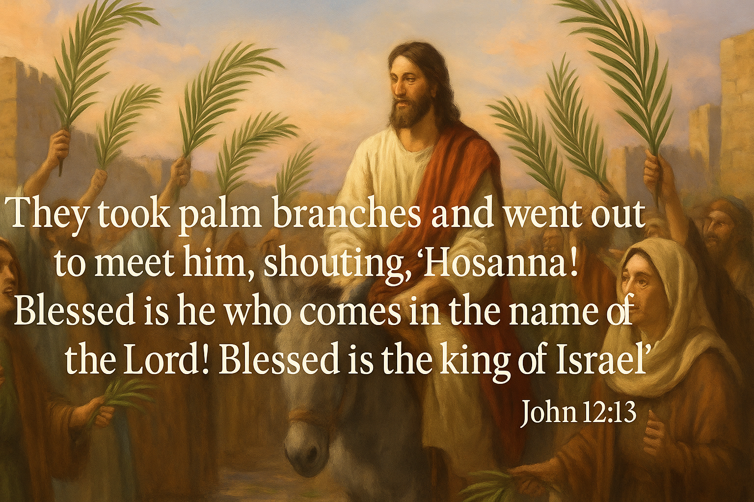 Triumphal Entry, Palm Sunday, Jesus riding on a donkey with people waving palm branches