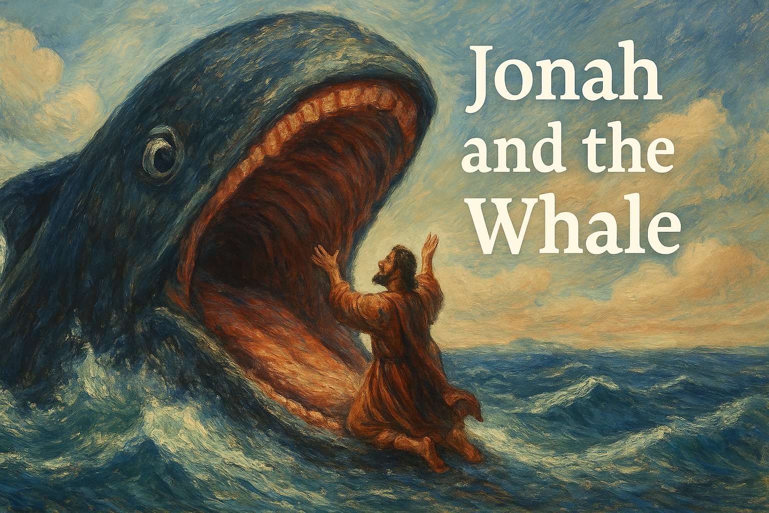 Jonah and the Whale; Jonah about to be swallowed by the whale in the ocean