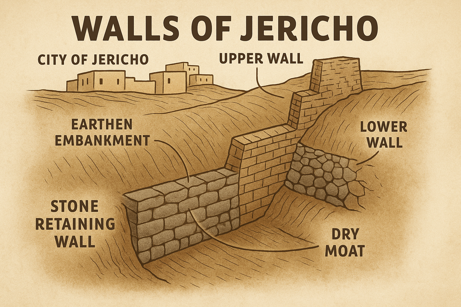 Walls of Jericho infographic, illustration of how the city of Jericho may have looked.