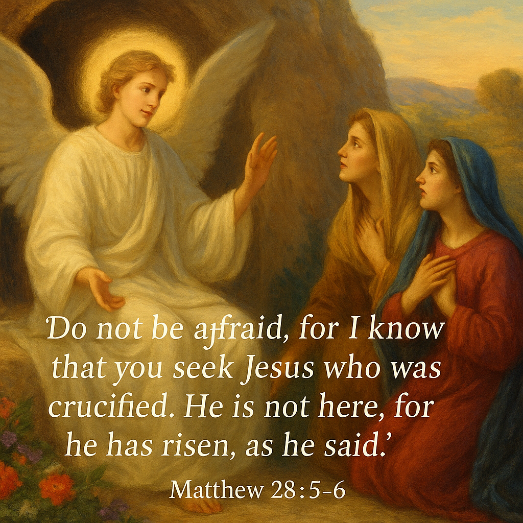 Resurrection morning at Jesus tomb, the women and the angel: “Do not be afraid, for I know that you seek Jesus who was crucified. He is not here, for he has risen, as he said.” (Matthew 28:5-6)