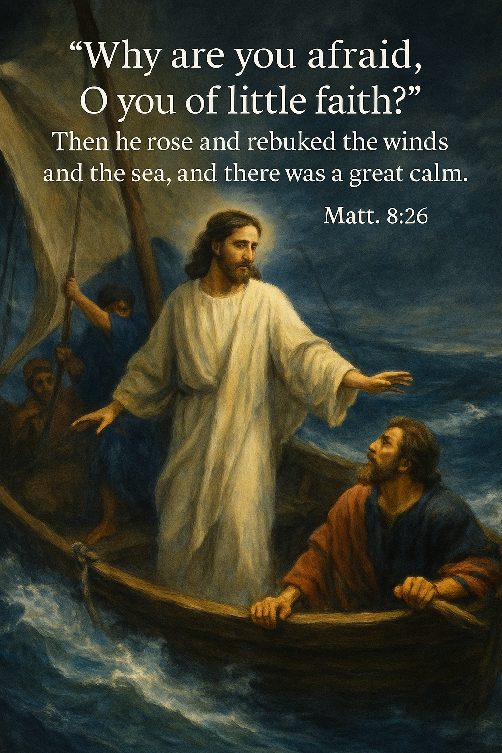 Jesus Calms the Storm Bible story; Jesus in the boat with disciples