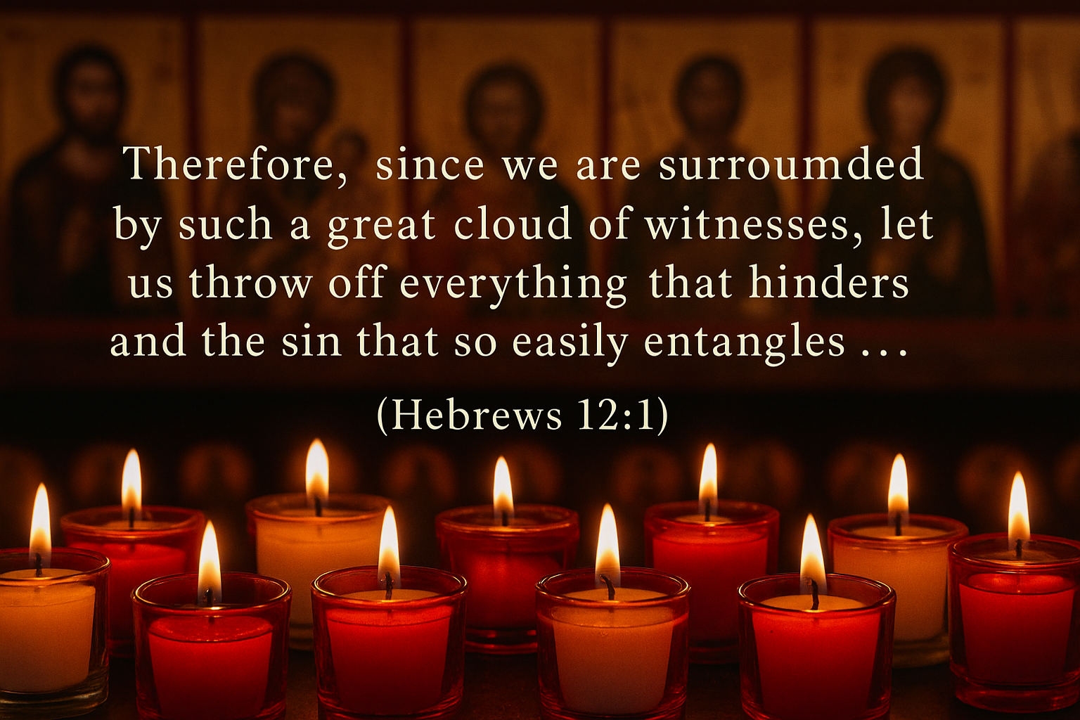 Candles and pictures of the saints; “Therefore, since we are surrounded by such a great cloud of witnesses, let us throw off everything that hinders and the sun that so easily entangles …” (Hebrews 12:1)