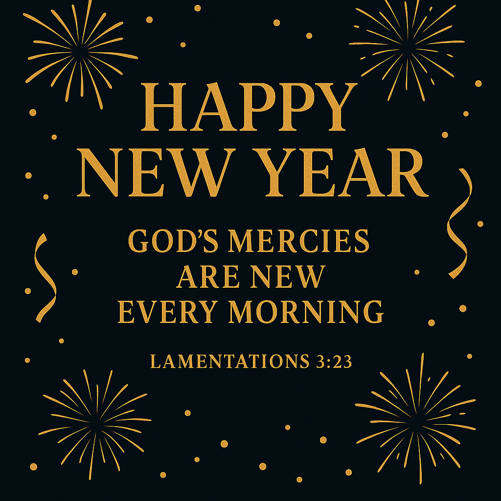 Happy New Year with Bible verse; his mercies are new every morning (Lamentations 3:23)