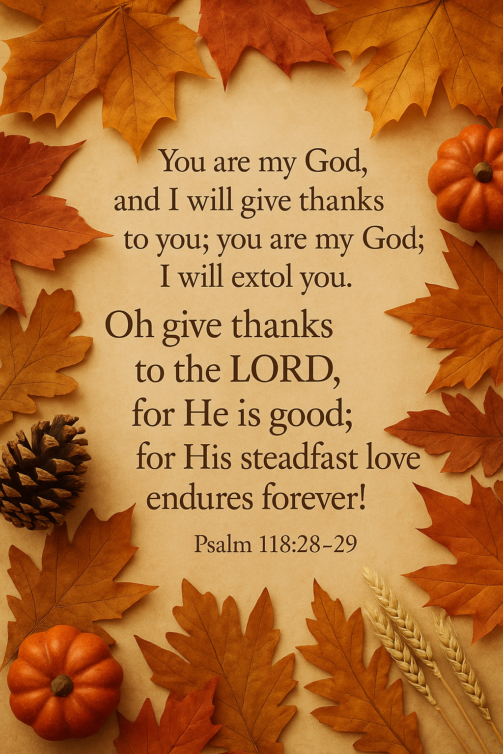 Gratitude with autumn leaves—“You are my God, and I will give thanks to you; you are my God; I will extol you. Oh give thanks to the LORD, for He is good; for His steadfast love endures forever!” Psalm 118:28-29