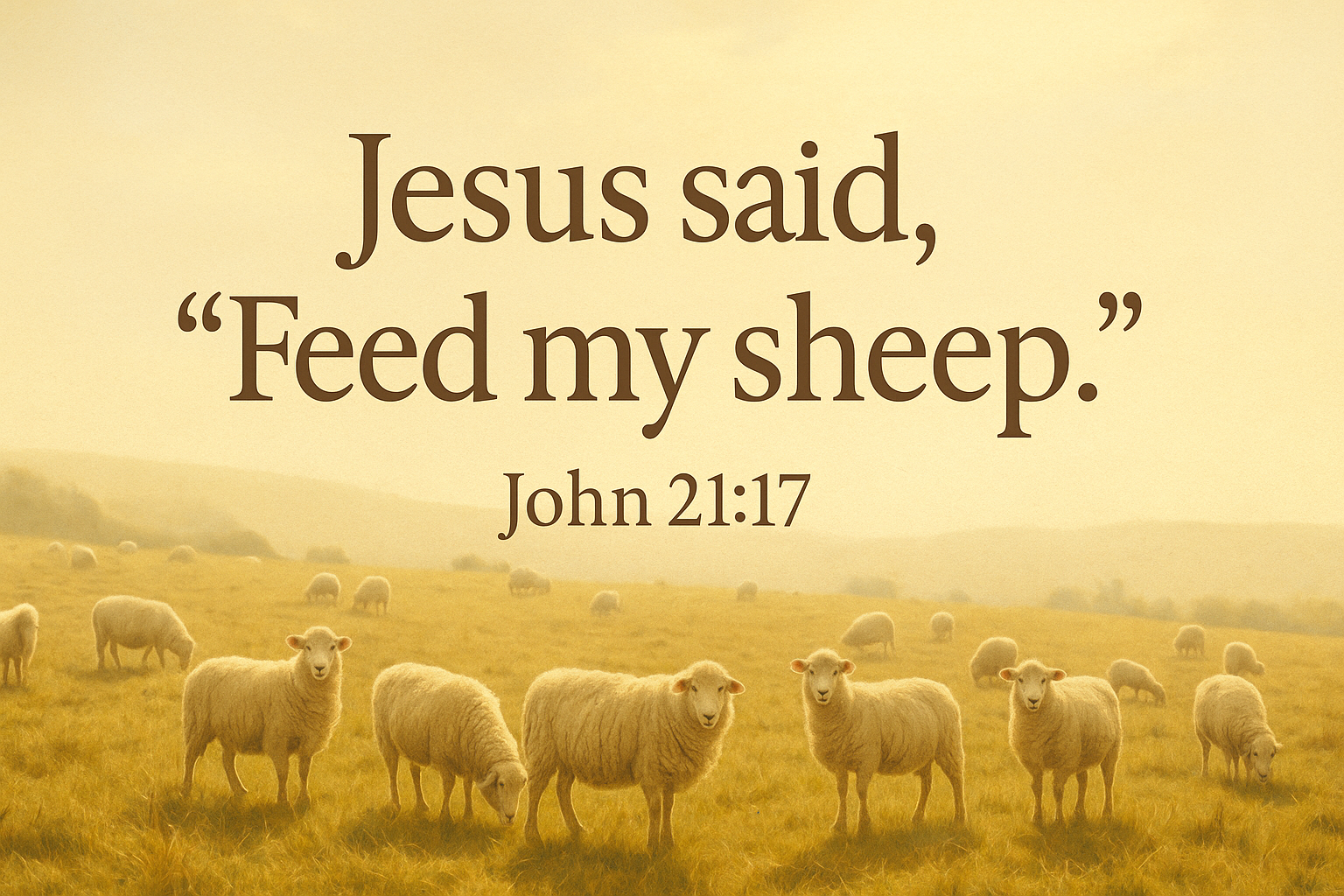 sheep in a field at dawn; Jesus words to Peter, Feed My Sheep