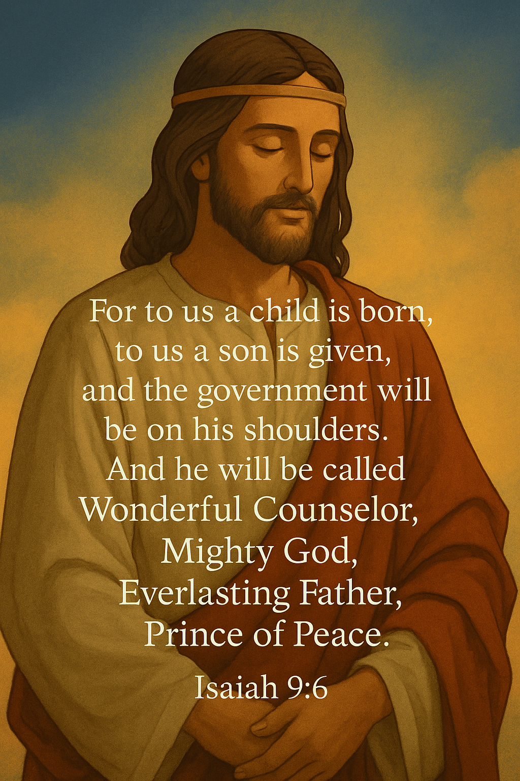 Jesus as the Prince of Peace; For to us a child is born, to us a son is given, and the government will be on his shoulders. And he will be called Wonderful Counselor, Mighty God, Everlasting Father, Prince of Peace. Isaiah 9:6