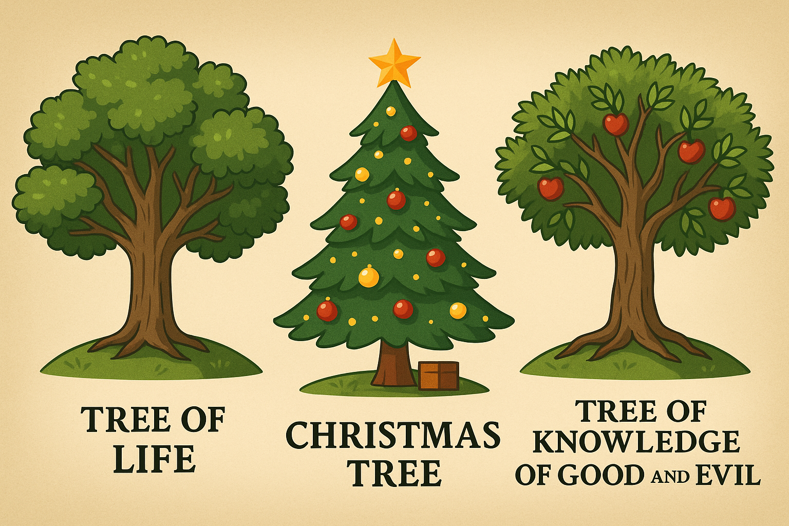 three symbolic trees; tree of life, christmas tree, tree of knowledge of good and evil