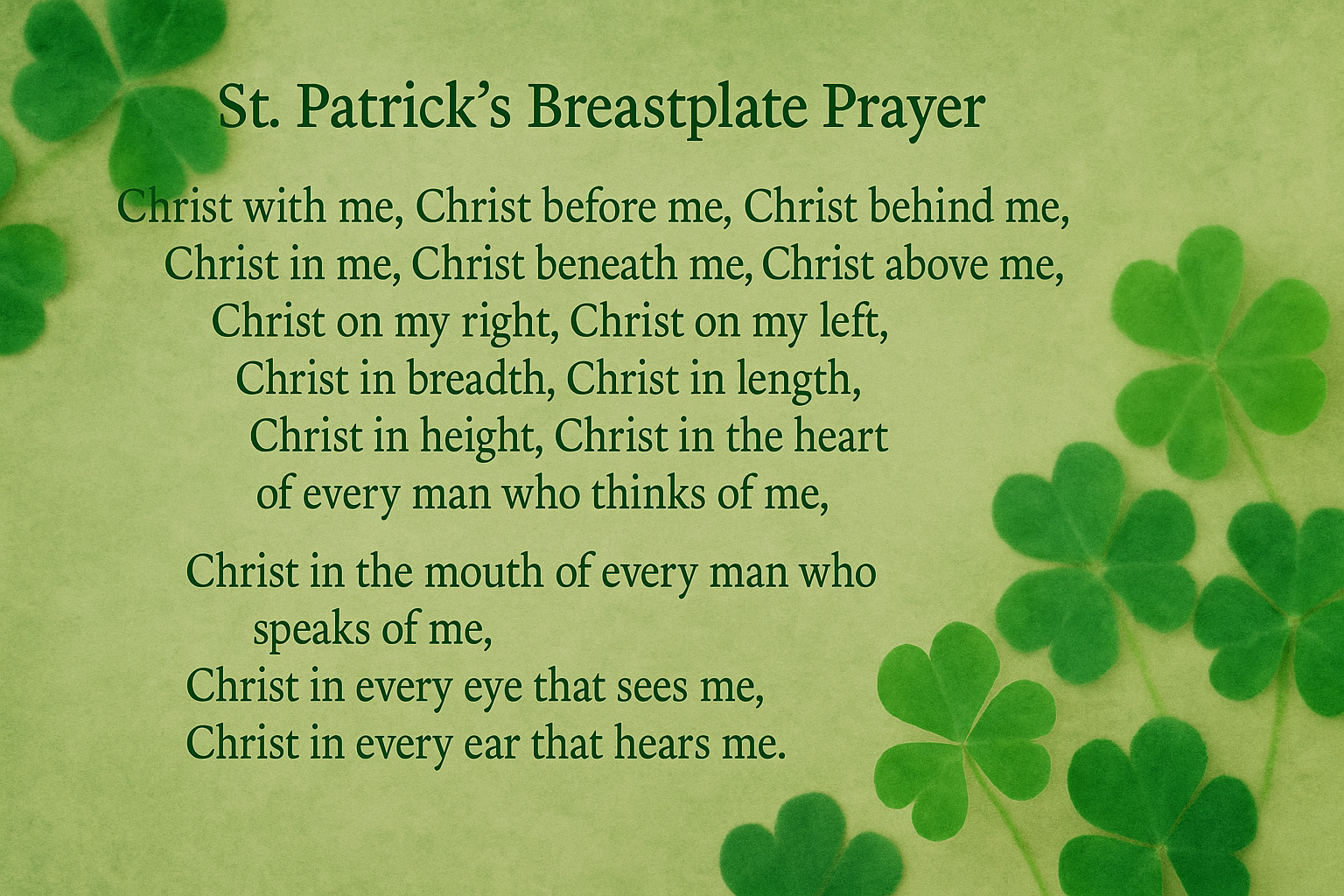Clovers on a green background, St. Patricks Breastplate Prayer