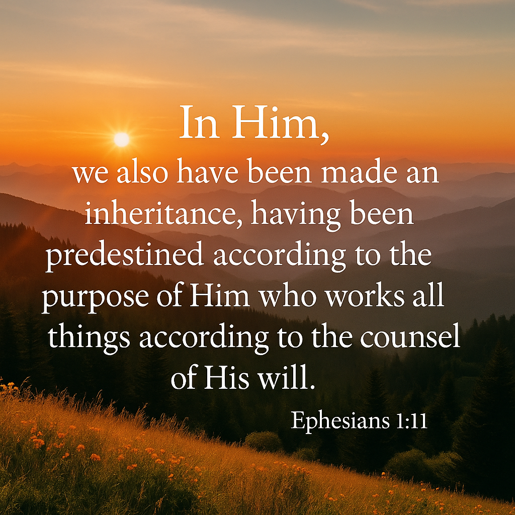 sunset over a field and mountains, Irresistible grace Ephesians 1:11