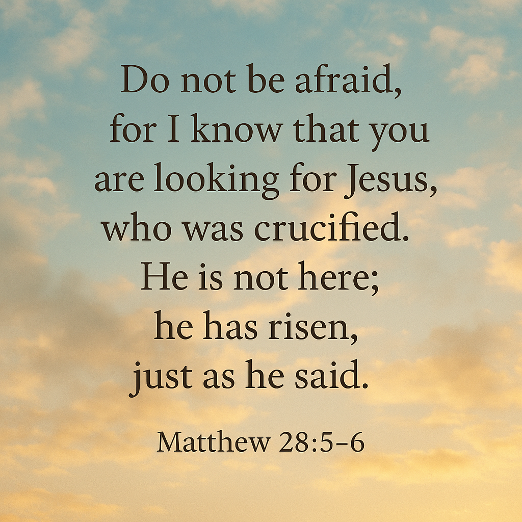 He has risen, angel speaks to women at the tomb, Matt. 28:5-6