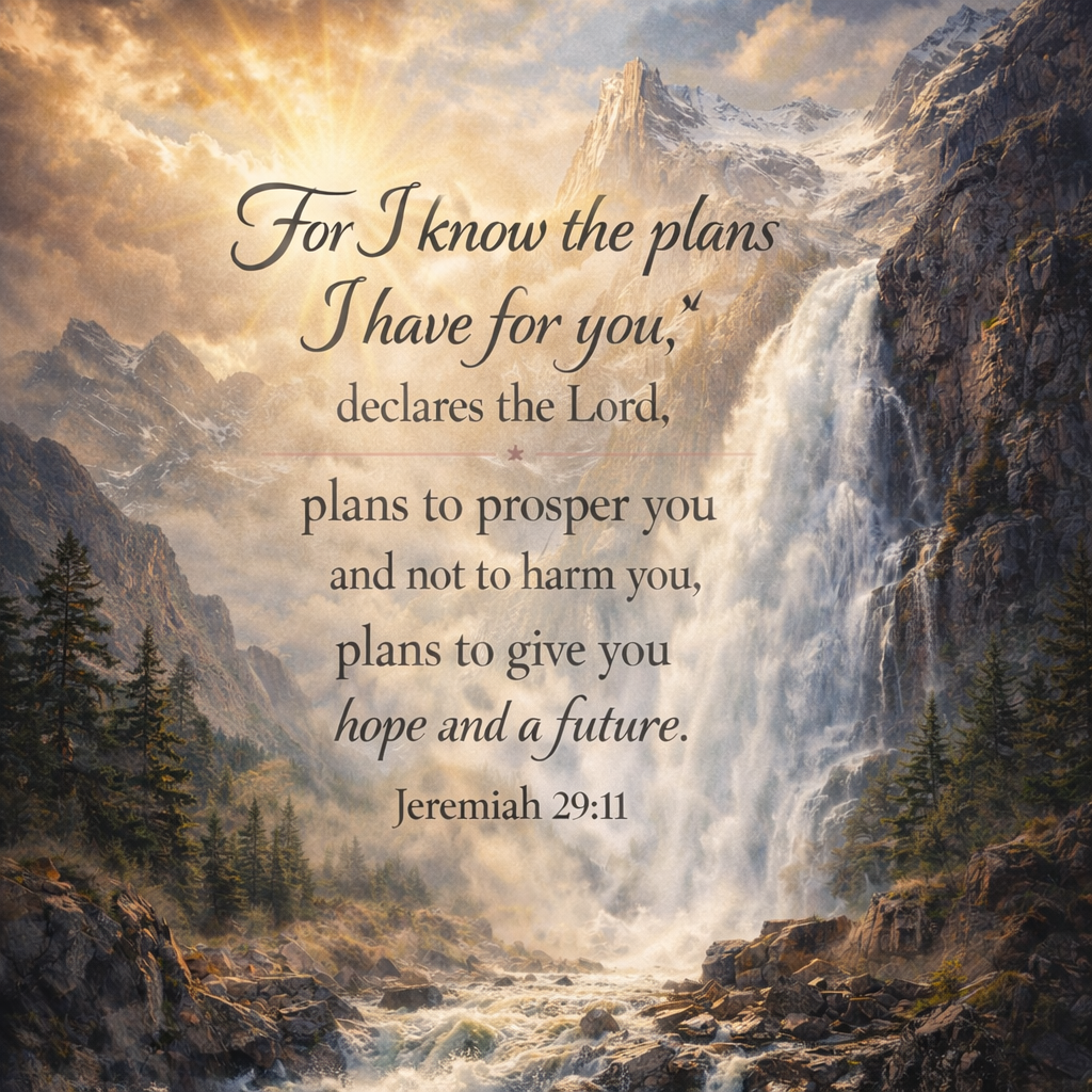 For I know the plans I have for you,” declares the Lord, “plans to prosper you and not to harm you, plans to give you hope and a future. Jeremiah 29:11 beautiful sunlight, waterfall, and mountains