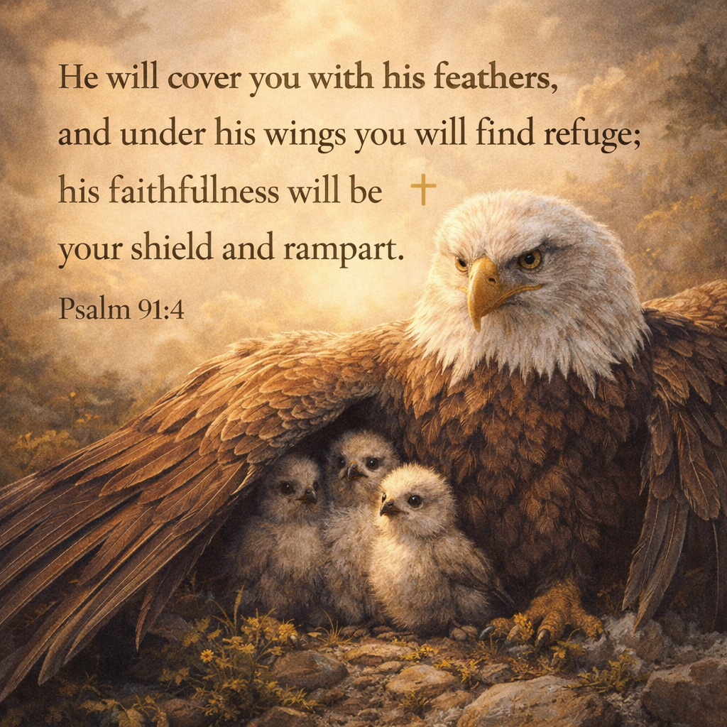 He will cover you with his feathers, and under his wings you will find refuge; his faithfulness will be your shield and rampart. Psalm 91:4 eagle and eaglets under her wings