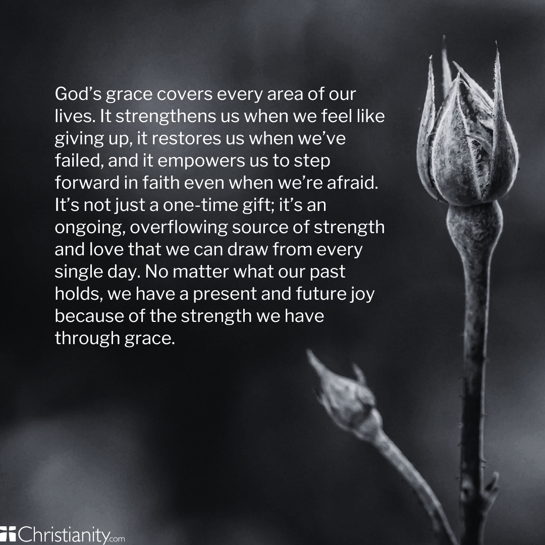 Black-and-white image of a closed flower bud with a soft, blurred background, symbolizing growth and renewal, alongside a Christian quote about God’s grace strengthening, restoring, and empowering believers to move forward in faith.