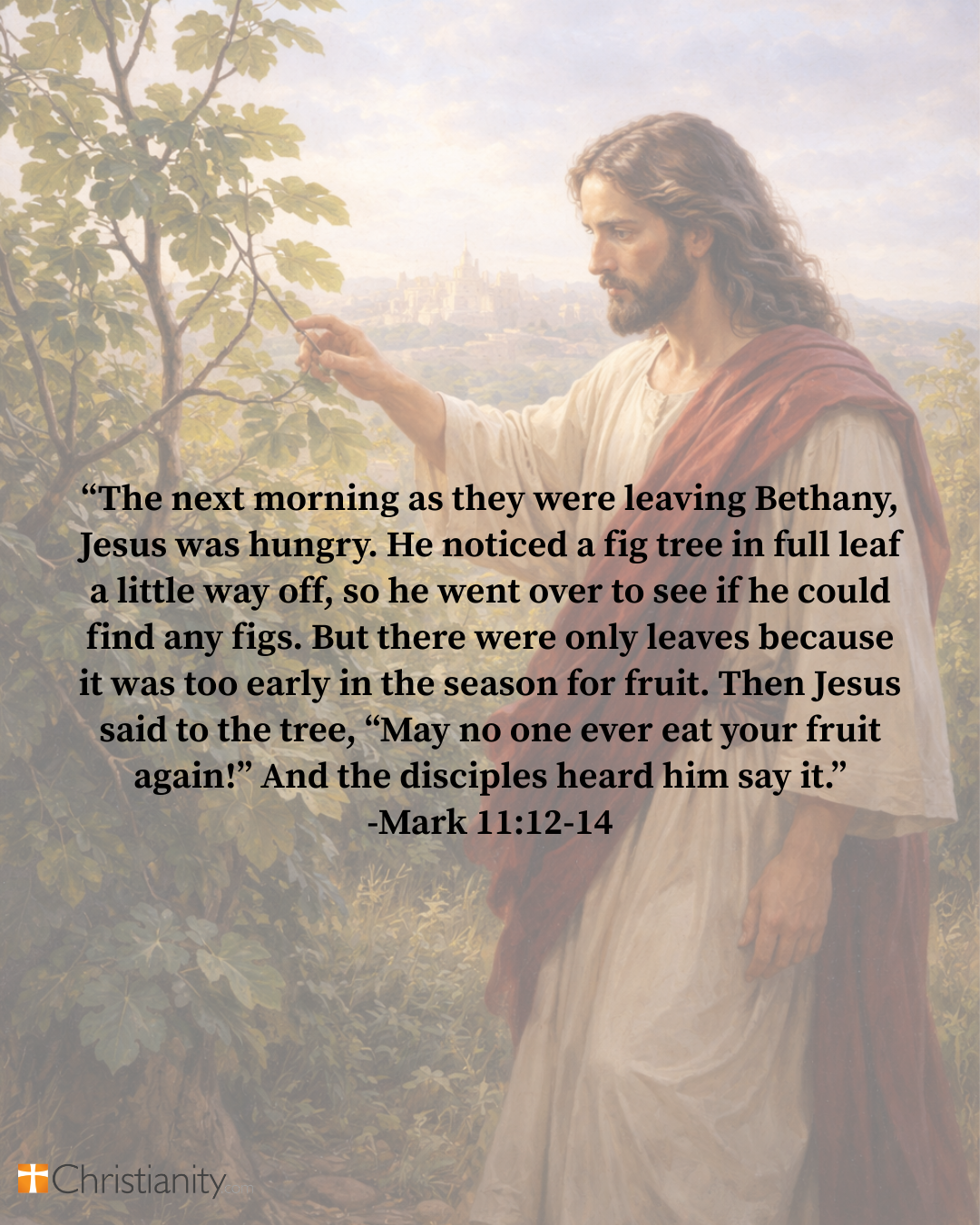 Holy Monday graphic showing a fig tree and temple representing Jesus cleansing the temple and warning against fruitless faith