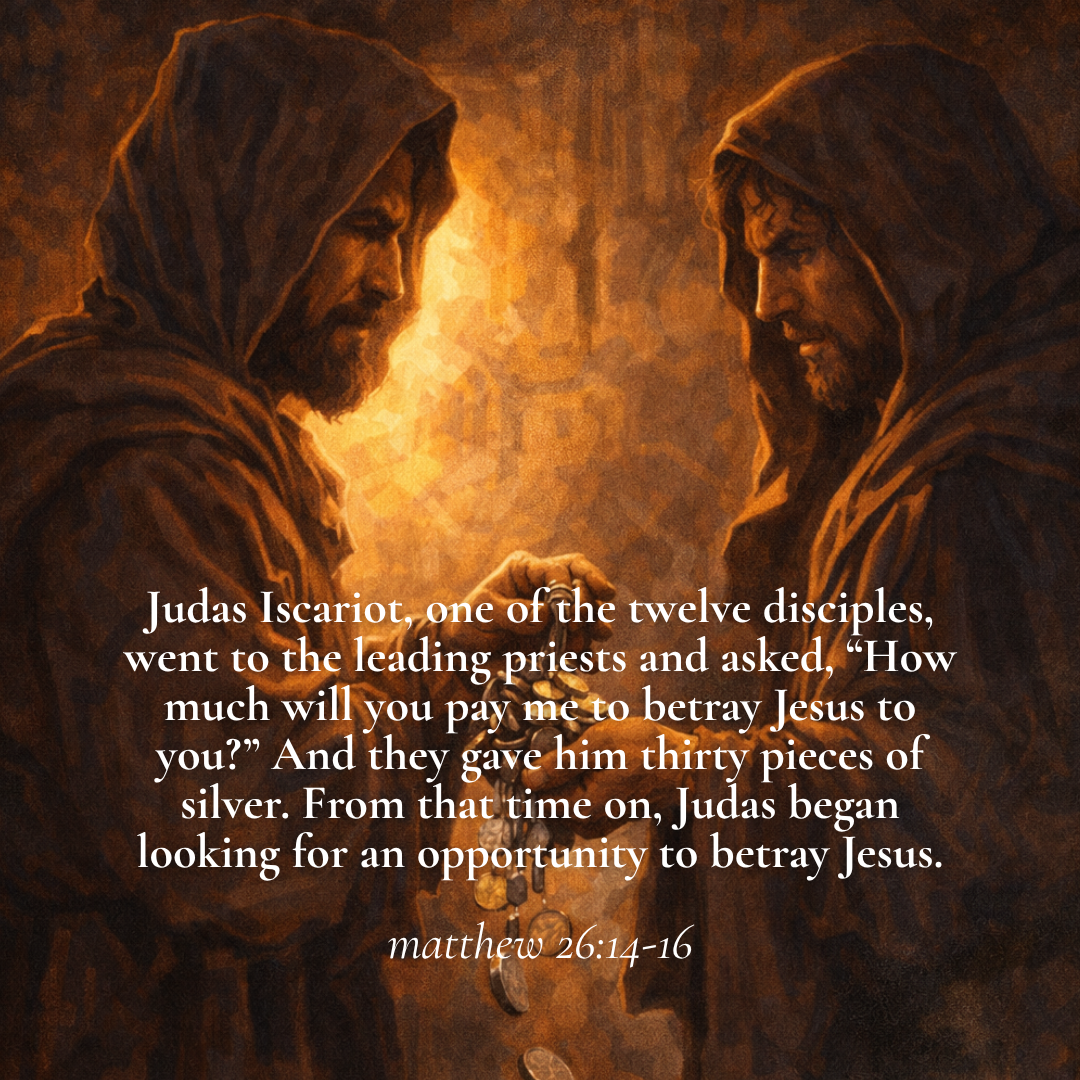Spy Wednesday graphic representing Judas betraying Jesus for thirty pieces of silver during Holy Week