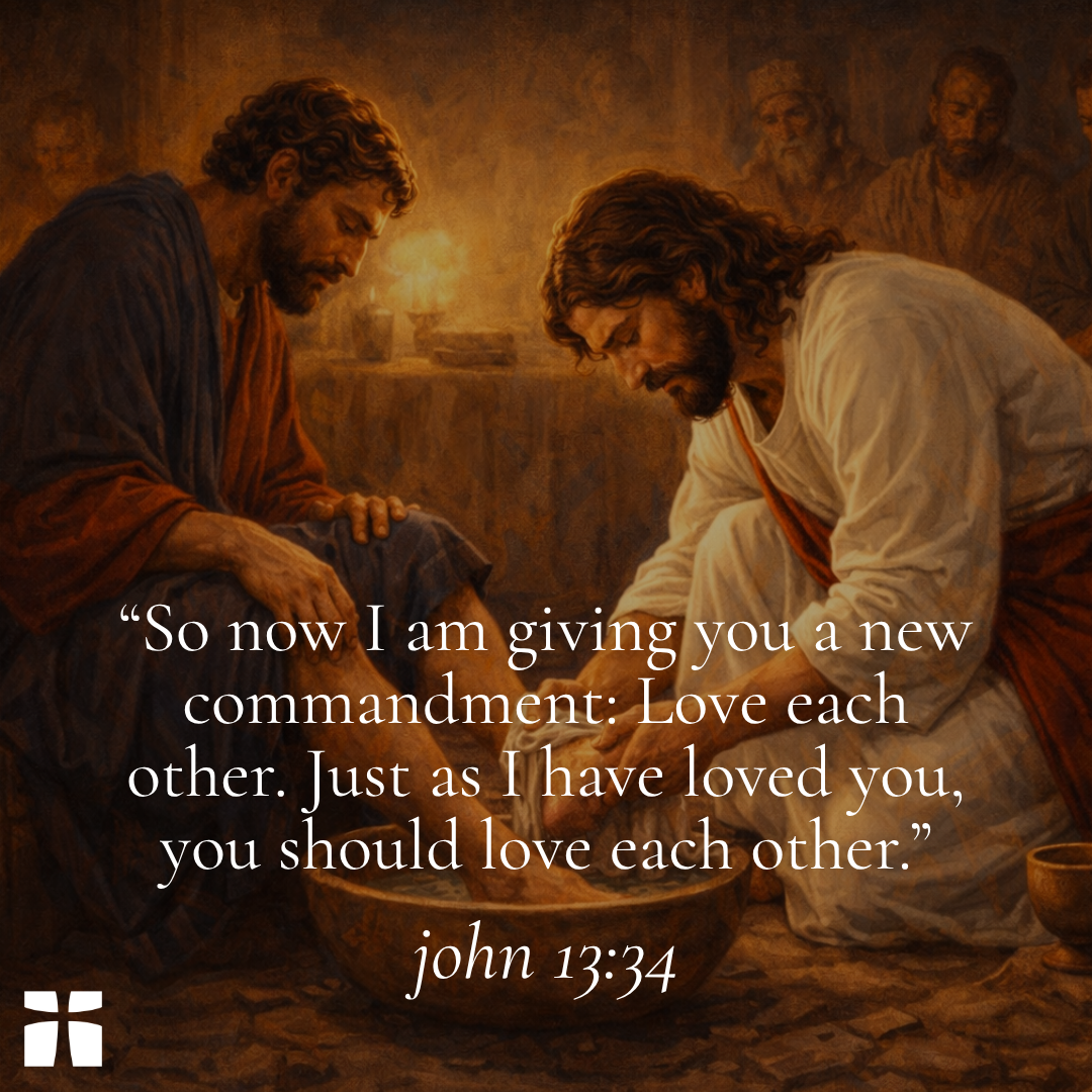 Jesus washing disciples’ feet with Bible verse John 13:34 about loving one another during the Last Supper