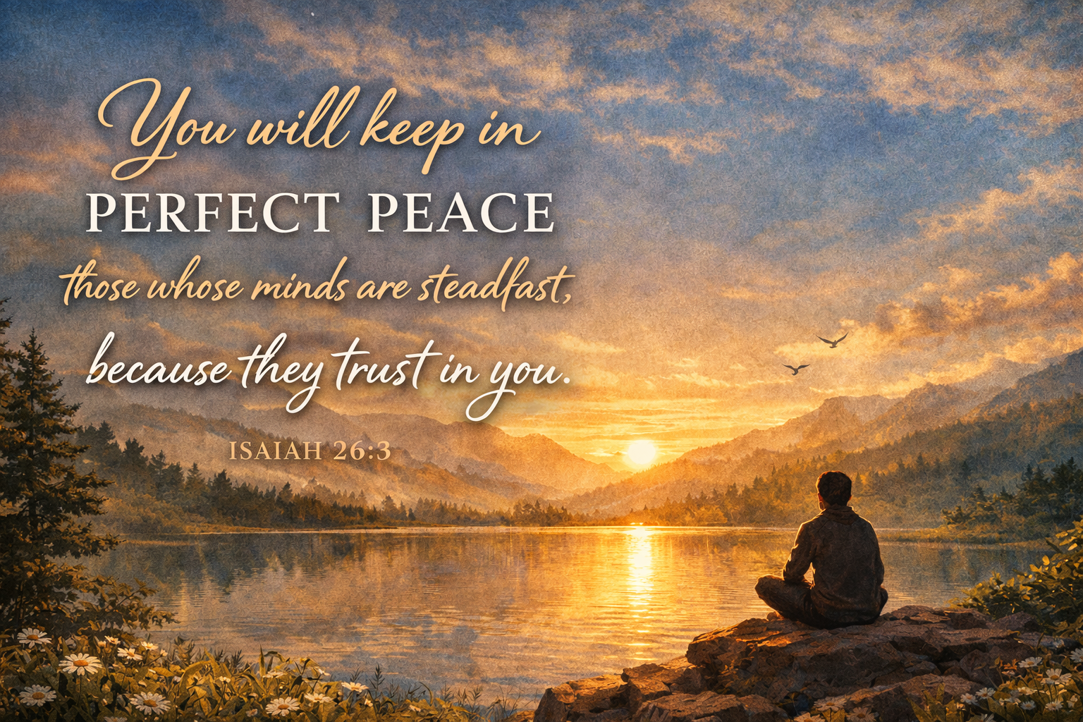 You will keep in perfect peace those whose minds are steadfast, because they trust in you. Isaiah 26:3, peaceful scene by lake