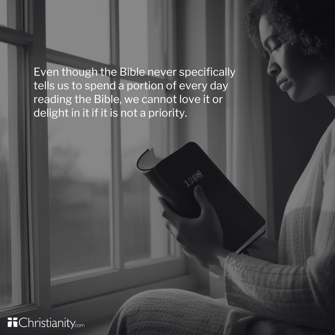 A peaceful image of a woman reading the Bible by a window paired with a quote about making Scripture a daily priority, emphasizing the importance of growing in love for God’s Word through consistent time in the Bible.
