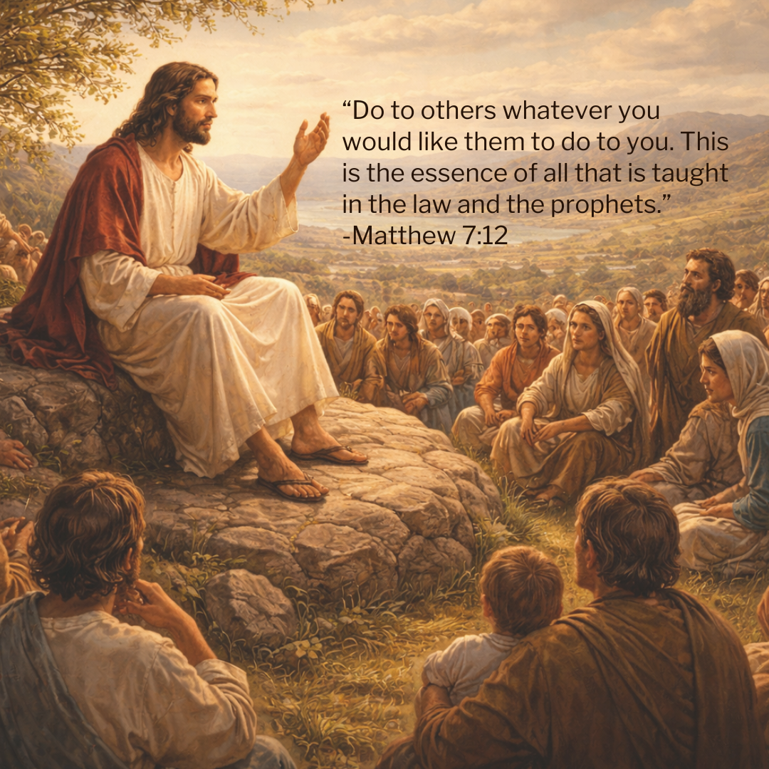An illustration of Jesus teaching a gathered crowd, paired with Matthew 7:12 about the Golden Rule, emphasizing Christ’s call to treat others with love, kindness, and compassion as part of biblical living.