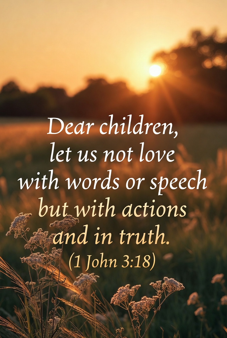 Dear children, let us not love with words or speech but with actions and in truth. (1 John 3:18), peaceful sunrise