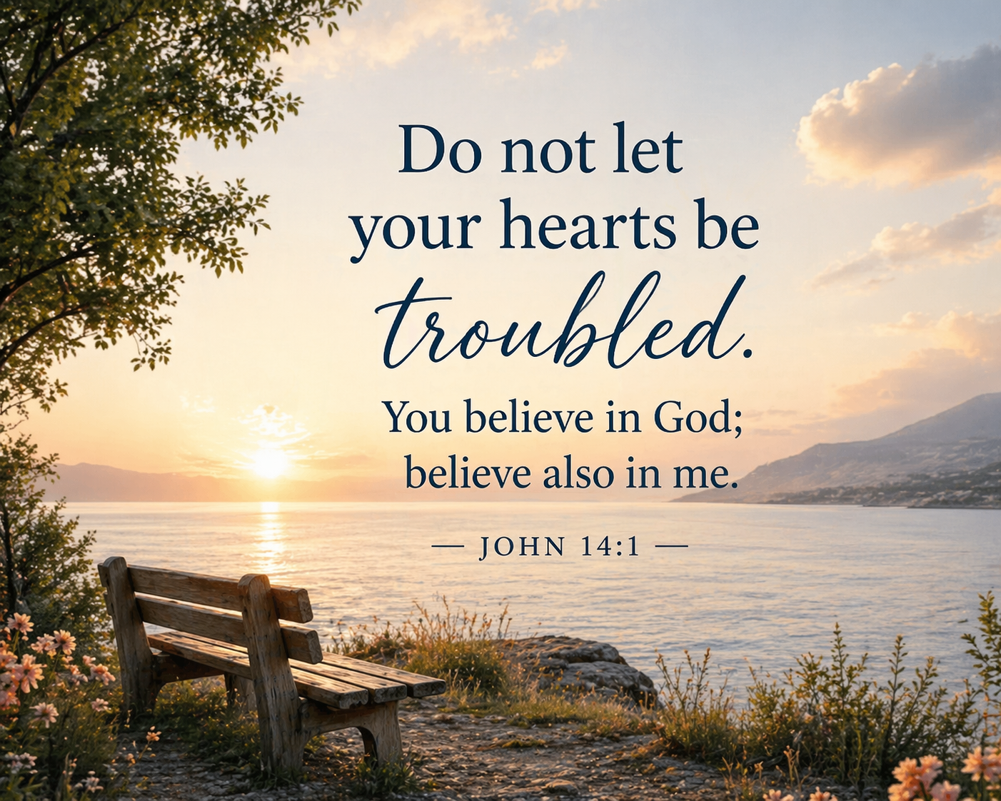 “Do not let your hearts be troubled. You believe in God; believe also in me.” John 14:1, peaceful nature scene by lake