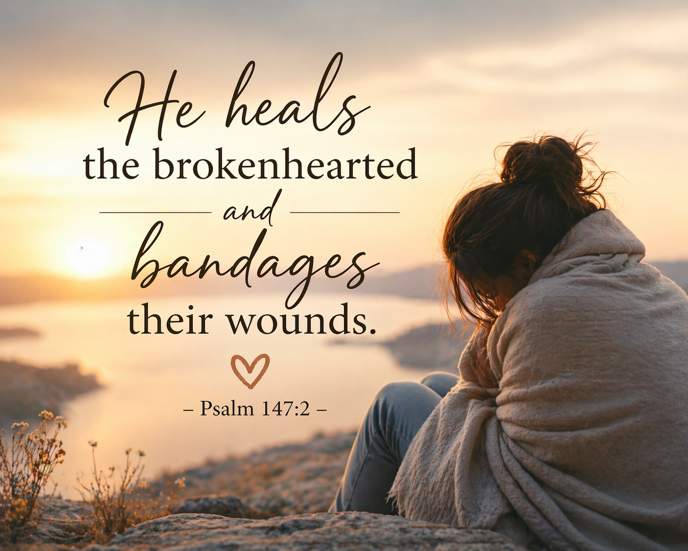 woman wrapped in blanket on beach, He heals the brokenhearted and bandages their wounds. – Psalm 147:2