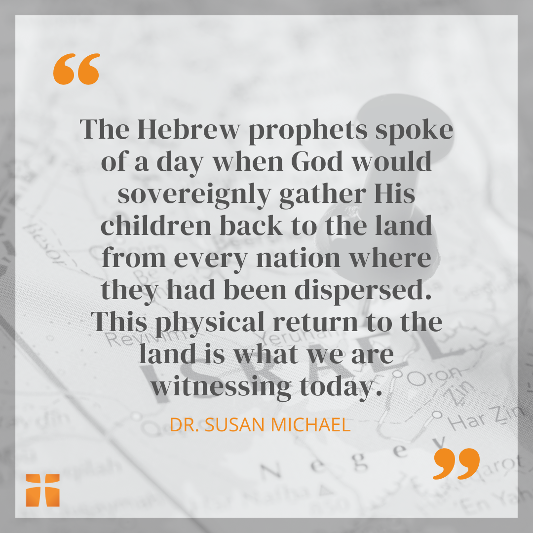 Quote graphic about Hebrew prophets and Israel’s return, over a muted map background with a location pin