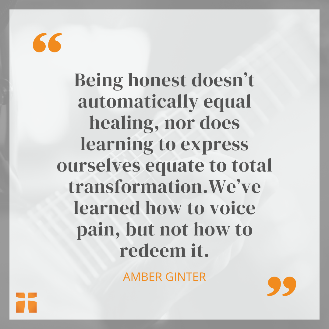 Quote about honesty, healing, and transformation by Amber Ginter over a muted background with a microphone