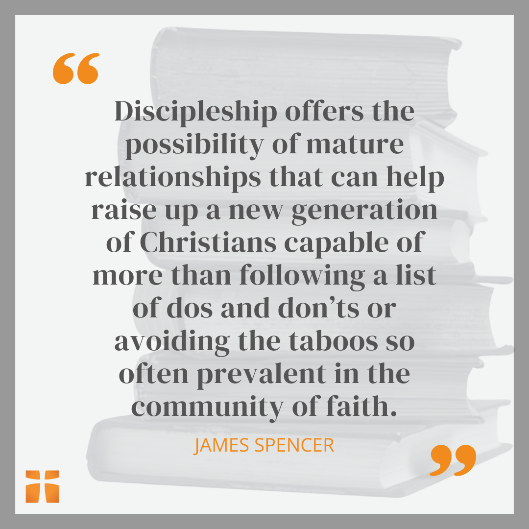 Quote graphic about Christian discipleship over a background of stacked books, emphasizing mature relationships that raise up a new generation of believers