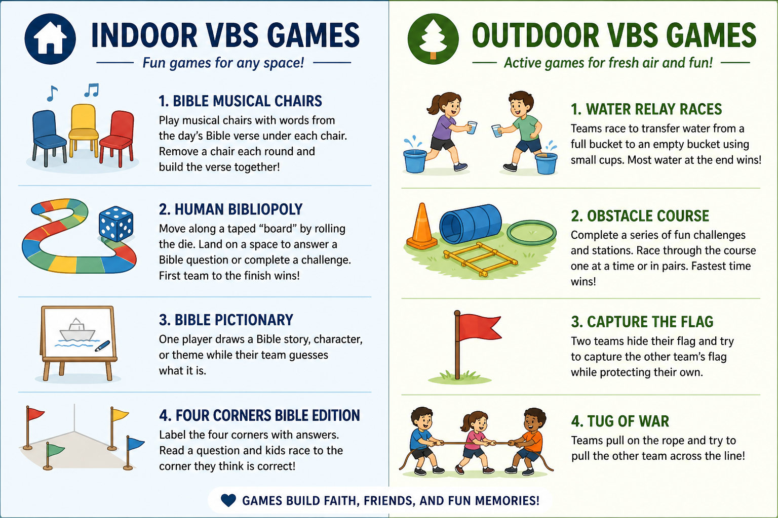 VBS Games illustration, indoor and outdoor vbs games