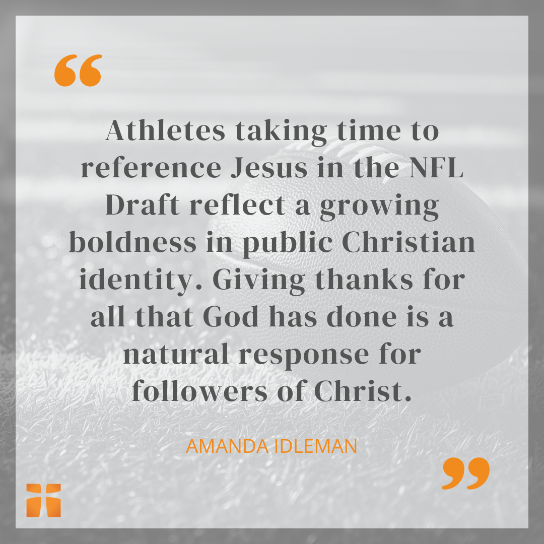 Quote graphic about NFL athletes expressing faith in Jesus, set over an image of a football on a field