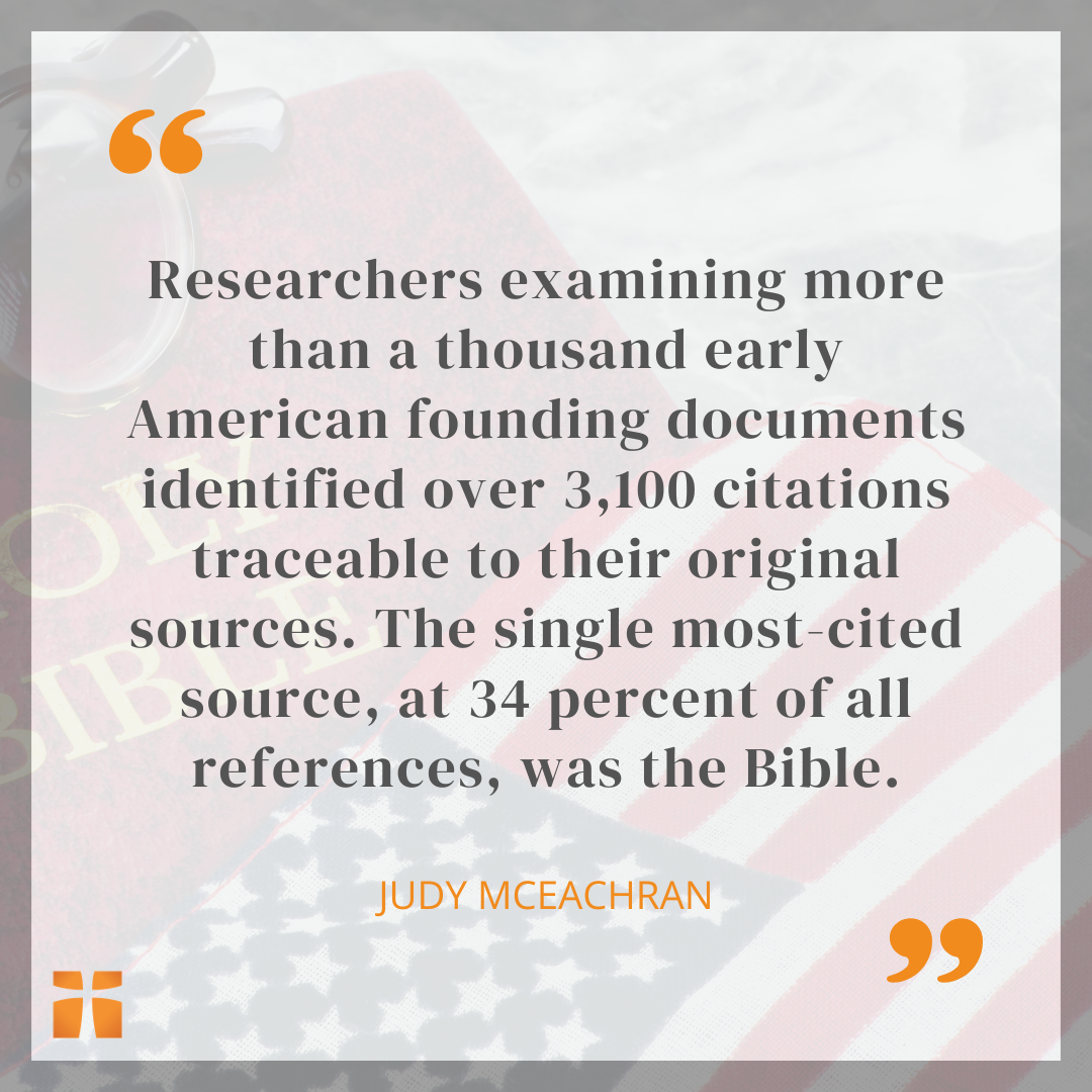 Quote graphic about early American founding documents citing the Bible, set over an image of a Bible and the American flag