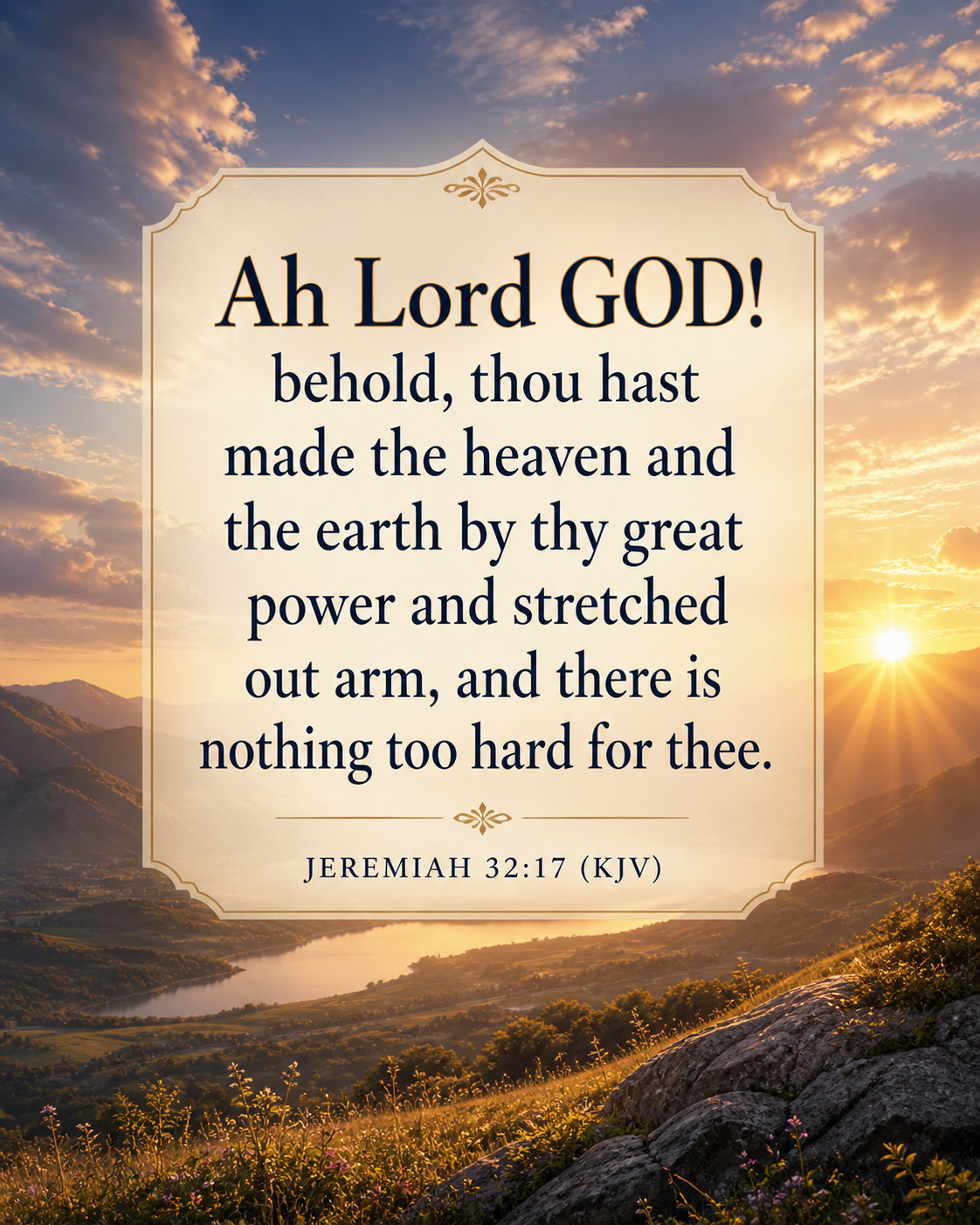 Ah Lord GOD! behold, thou hast made the heaven and the earth by thy great power and stretched out arm, and there is nothing too hard for thee. jeremiah 32:17, verse image with beautiful river and sunset
