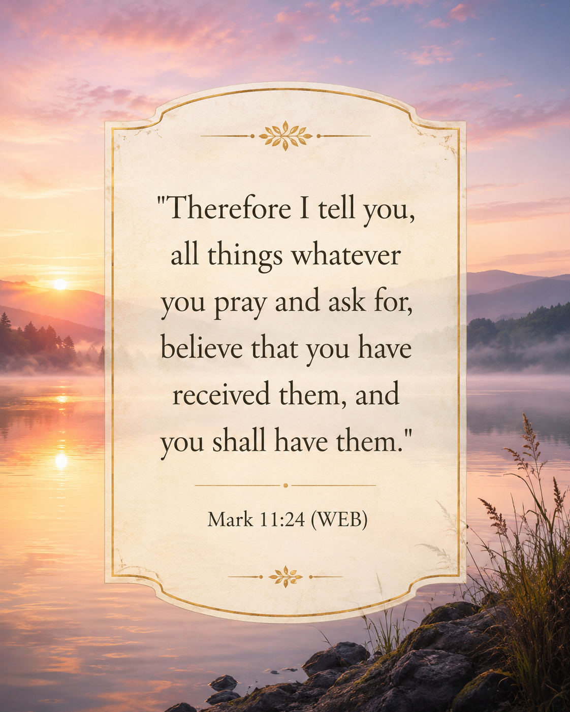 Therefore I tell you, whatever you ask in prayer, believe that you have received it, and it will be yours. Mark 11:24, serene lake with sunrise
