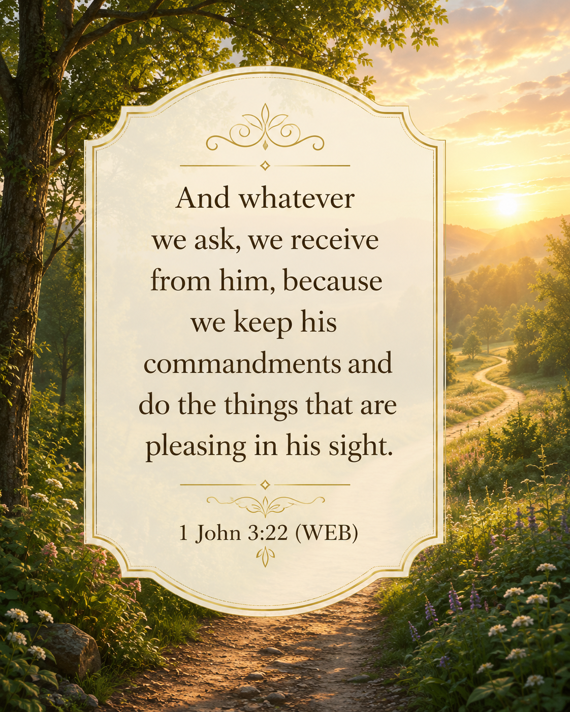 forest path and sunlight, 1 John 3:22 ESV And whatever we ask we receive from him, because we keep his commandments and do what pleases him.