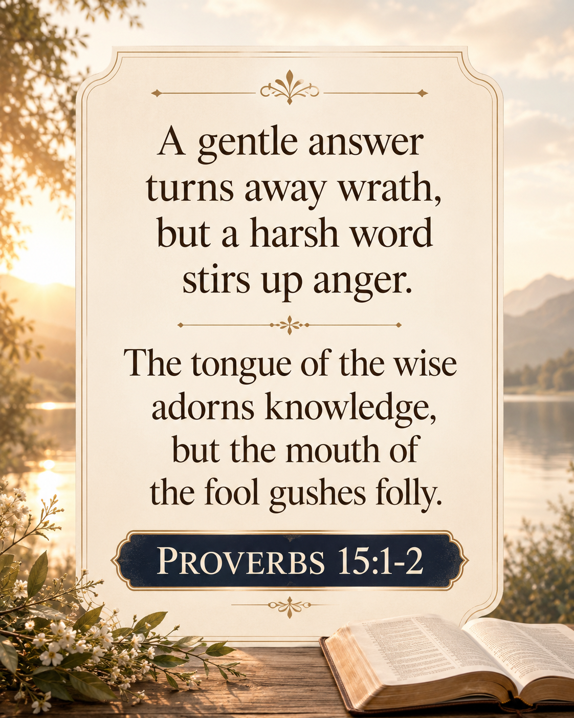 Proverbs 15:1-2: “A gentle answer turns away wrath, but a harsh word stirs up anger. The tongue of the wise adorns knowledge, but the mouth of the fool gushes folly.” beautiful outdoor scene with open bible
