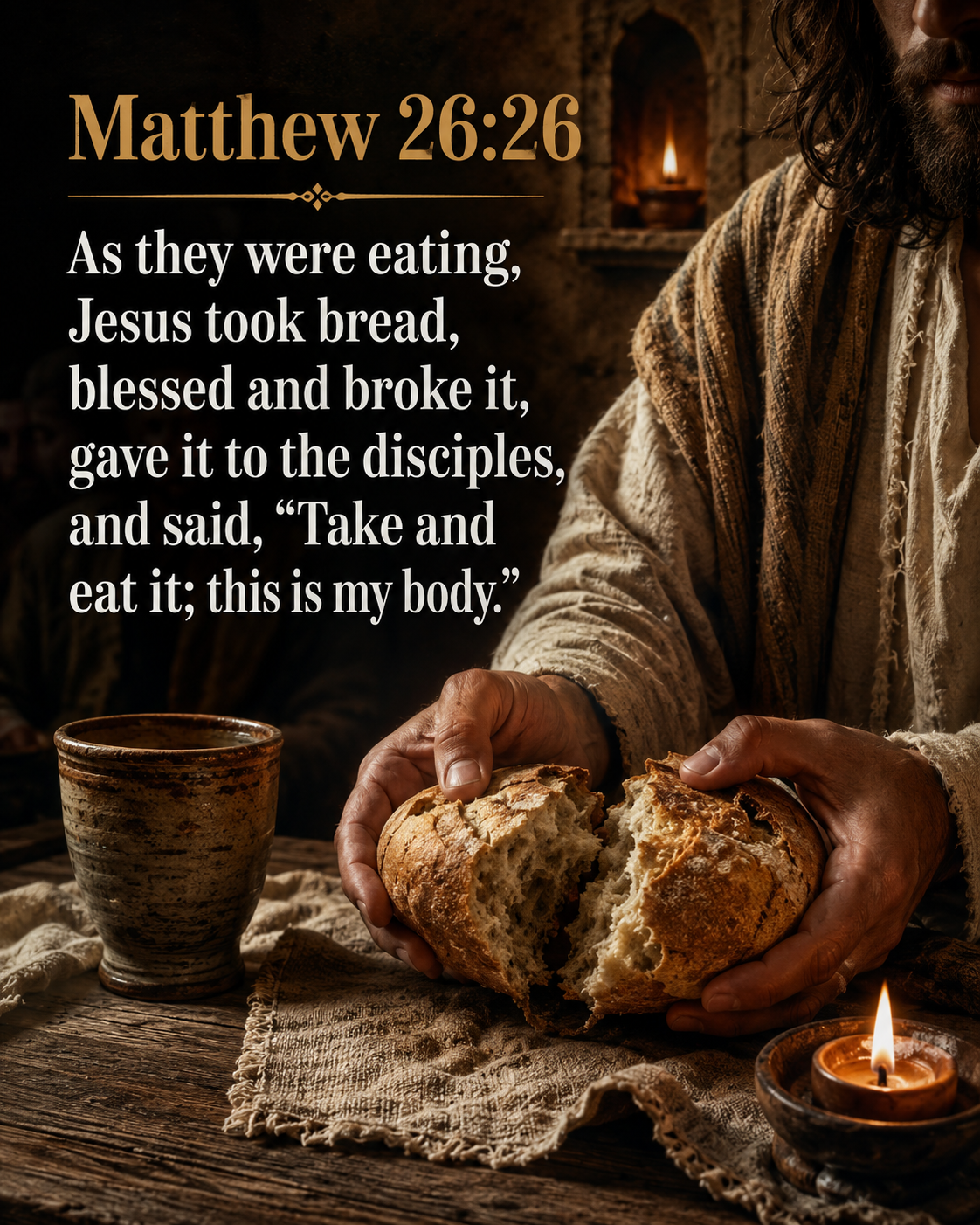 Matthew 26:26 As they were eating, Jesus took bread, blessed and broke it, gave it to the disciples, and said, “Take and eat it; this is my body.” Jesus breaking bread at the last supper