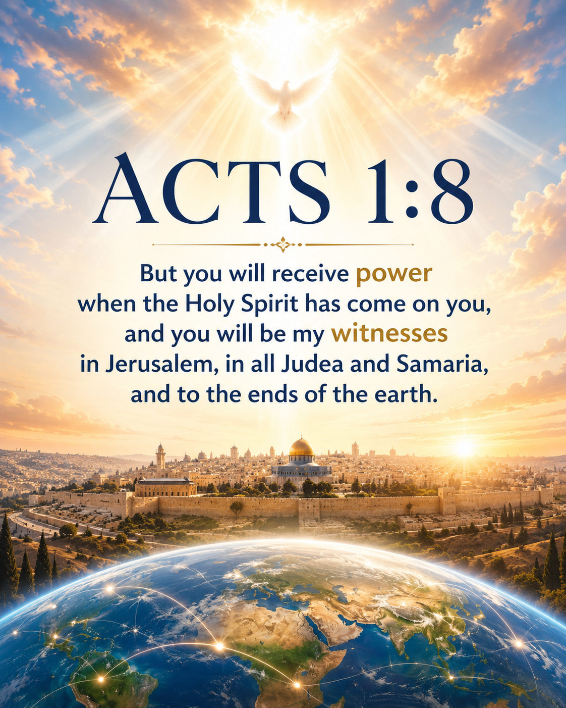 Acts 1:8 But you will receive power when the Holy Spirit has come on you, and you will be my witnesses in Jerusalem, in all Judea and Samaria, and to the ends of the earth.” holy spirit dove above jerusalem and world