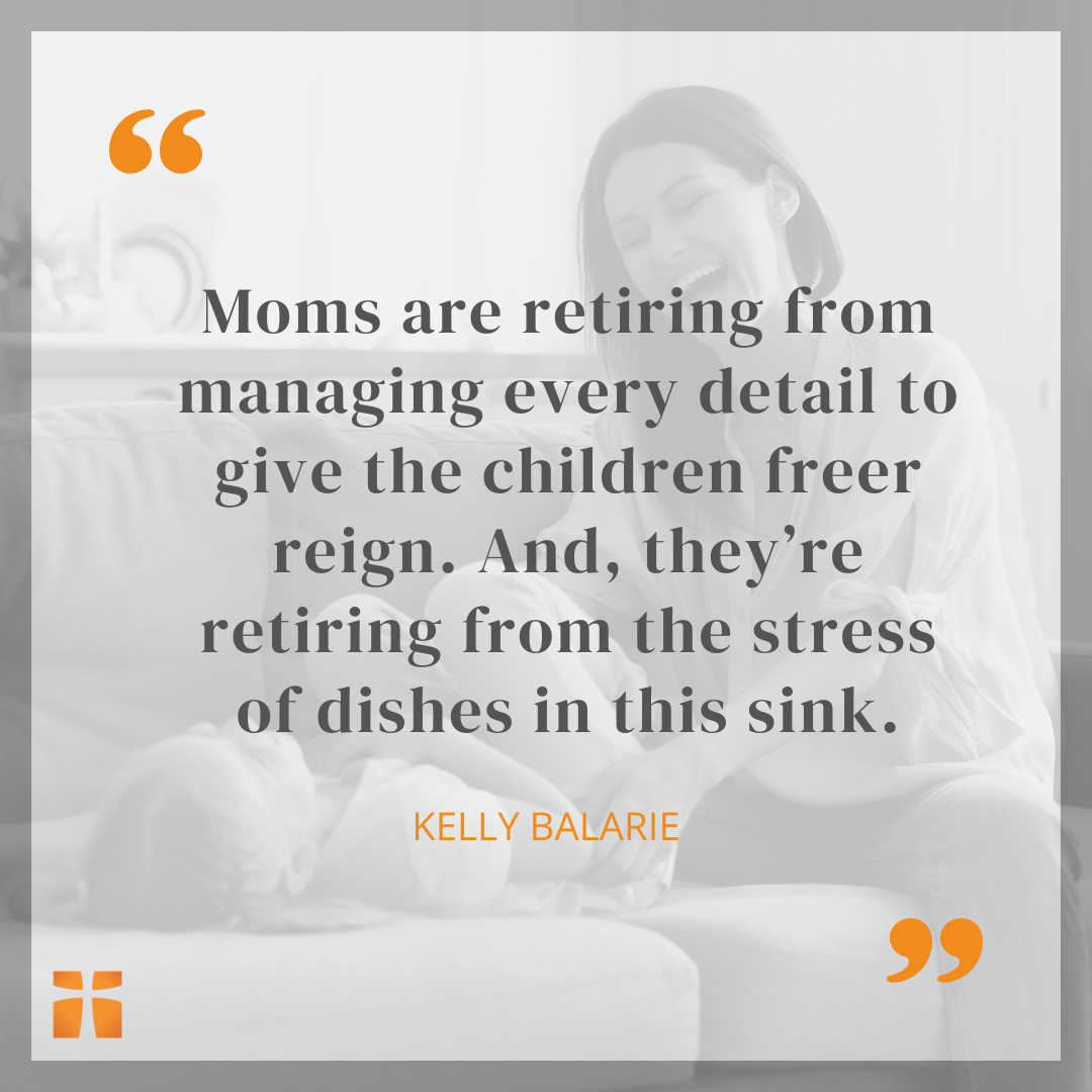 Quote graphic showing a smiling mother playing with her child on a couch with text from Kelly Balarie about stepping away from stress and over-managing family life.