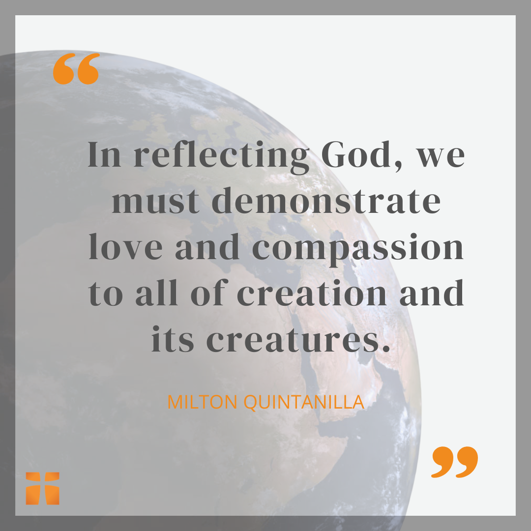 Christian quote graphic featuring a globe and the message about reflecting God through love and compassion for creation.