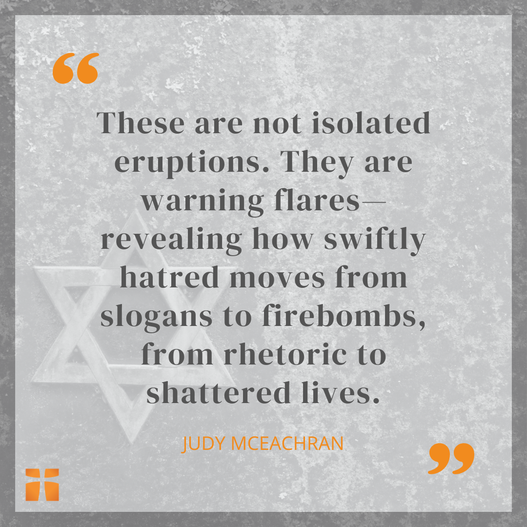 Quote graphic featuring a Star of David symbol and a statement about hatred escalating from rhetoric to violence by Judy McEachran.