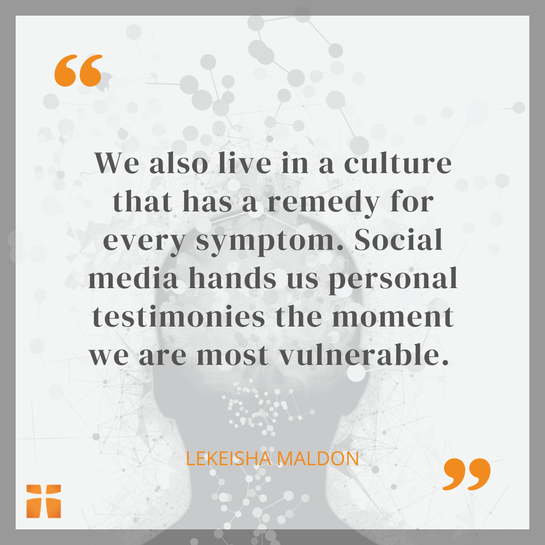 Quote graphic featuring an abstract silhouette head with network-style digital connections and a statement from Lekeisha Maldon about social media, vulnerability, and seeking remedies for symptoms.