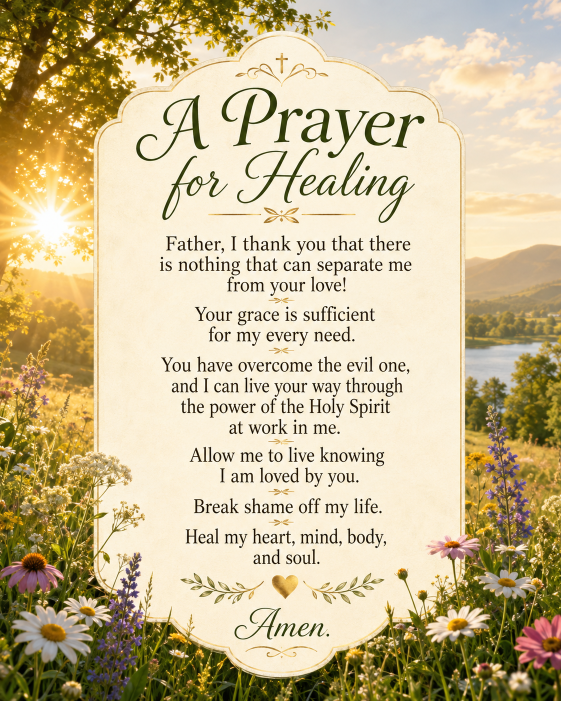prayer for healing, beautiful summer nature scene with wildflowers and lake
