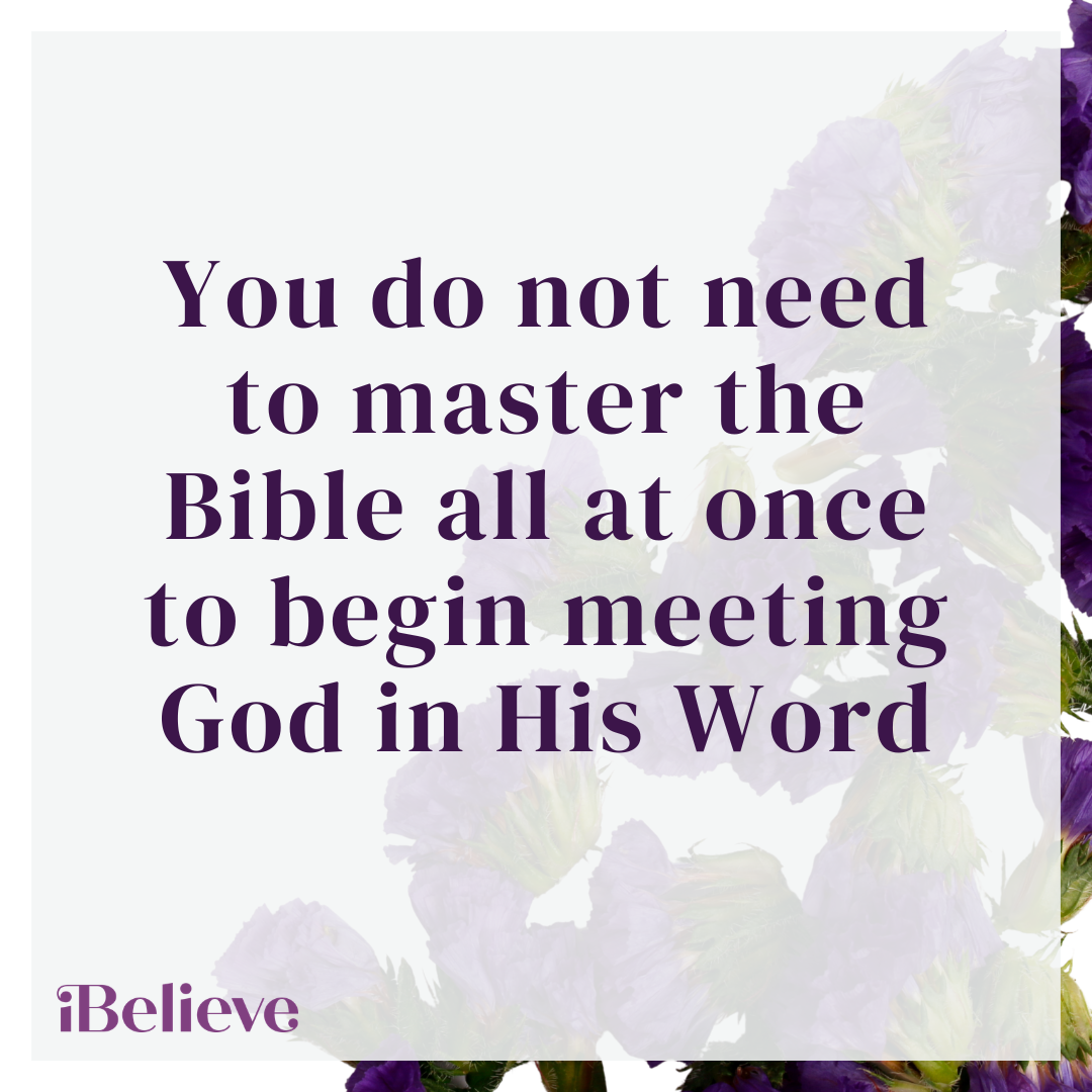 Quote card encouraging beginners that studying the Bible starts with meeting God in His Word one step at a time
