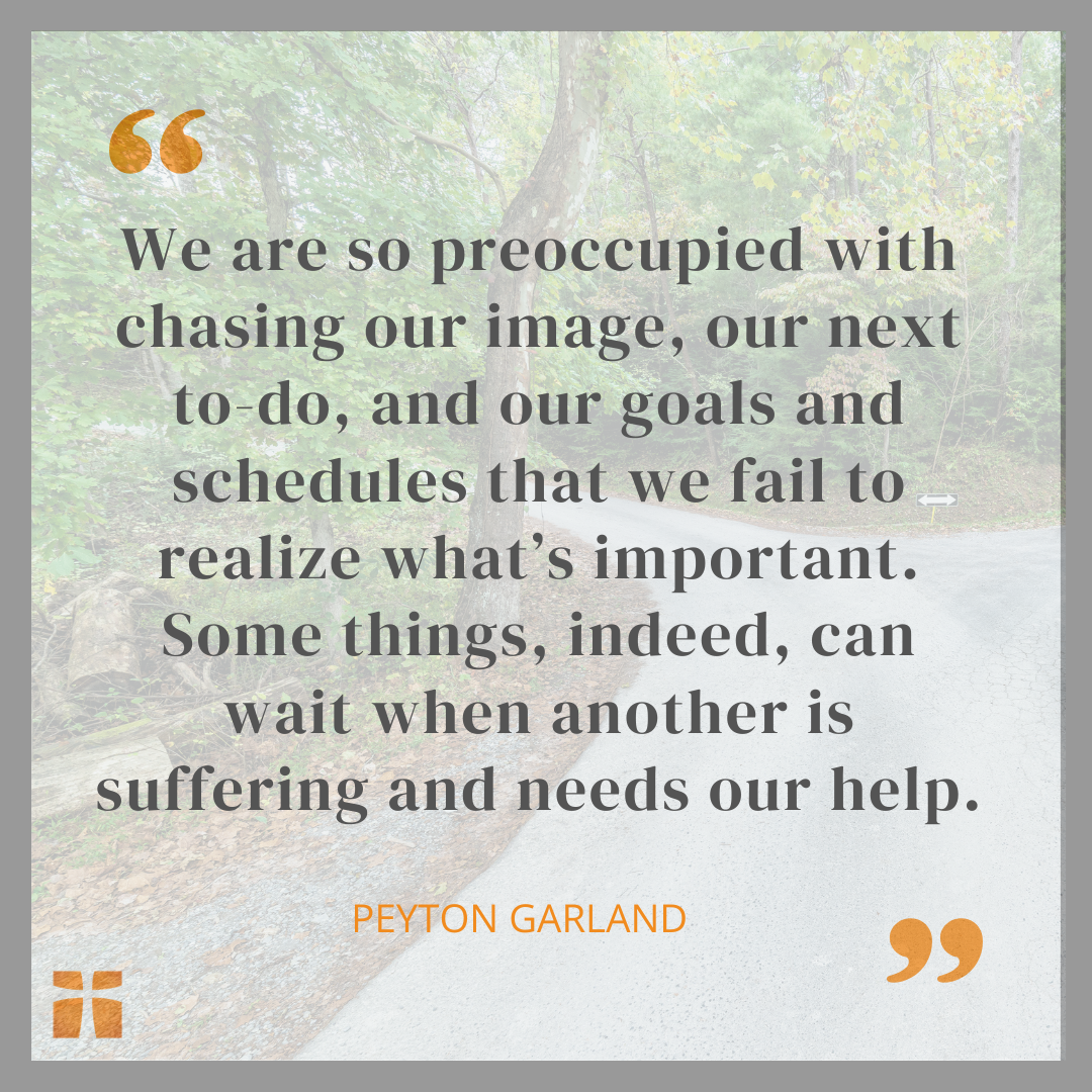 Quote graphic about the Good Samaritan and the call to stop and help others who are suffering.
