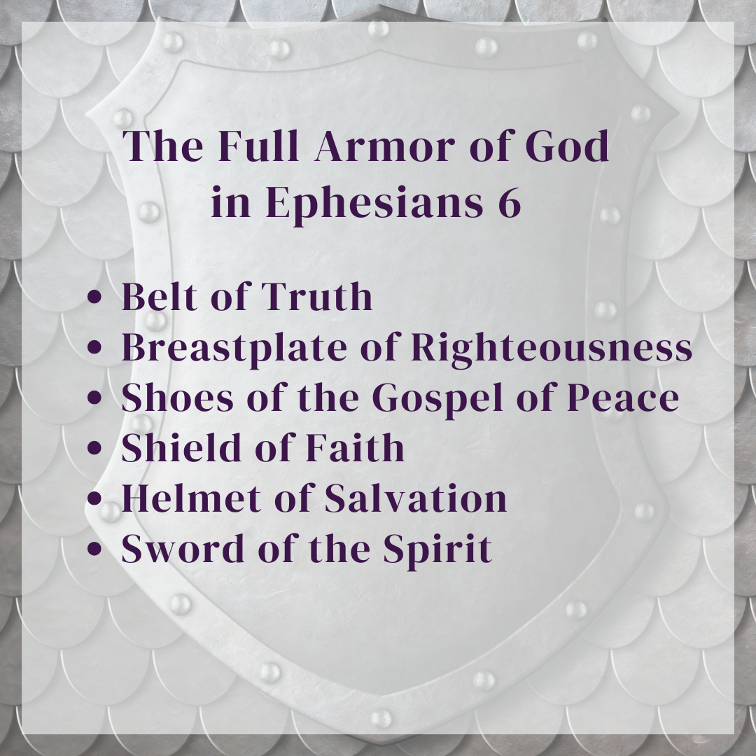 Infographic explaining the full armor of God from Ephesians 6 including truth righteousness peace faith salvation Scripture and prayer
